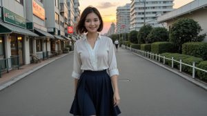 ペイターズで出会った福岡在住の清楚系Eカップ保育士ちさとちゃんが、ホテル街で恥じらいながら微笑む様子のイメージイラスト