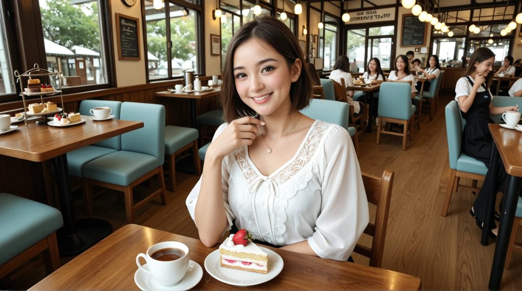 ペイターズで出会った清楚系ショートカットの保育士ちさとちゃんが、福岡・博多駅近くのおしゃれなカフェで紅茶を飲みながら微笑んでいる様子