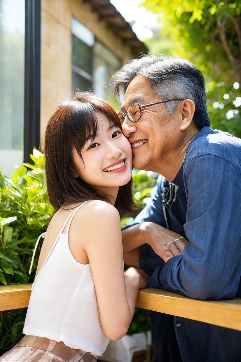 60代男性と20代美女が笑顔で寄り添う中高年向け出会い系の成功イメージ写真。PCMAX・ペイターズ・ストリップチャットなどを活用したリアルな恋愛シーン。