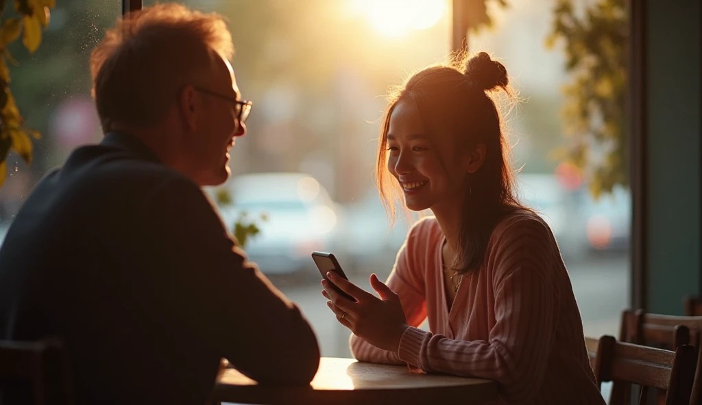 夕暮れのカフェでスマホを手に微笑む20代女性と談笑する50代男性。中高年でもPCMAXで出会えることを表すイメージ