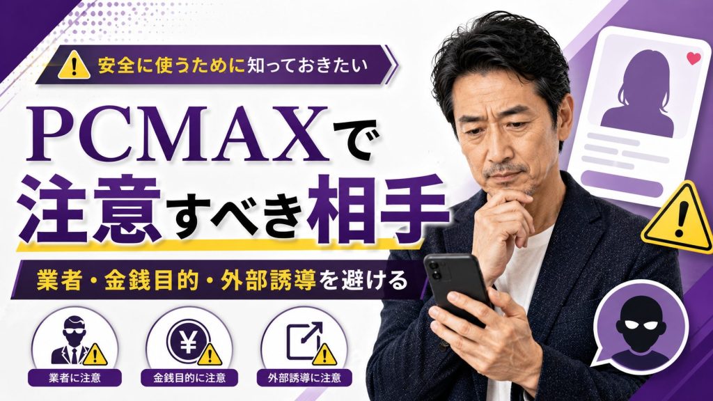 PCMAXで業者や金銭目的、外部誘導に注意すべき相手を解説する見出し画像