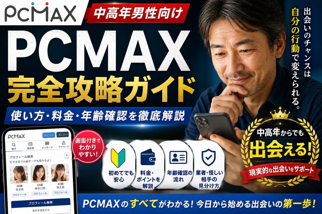 PCMAX完全攻略ガイドとして中高年男性向けに使い方、料金、年齢確認、業者っぽい相手の見分け方を解説するアイキャッチ画像