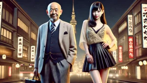 中年の日本人男性（背が低く、少し太っている）が、セクシーで若々しい日本人女性と並んで立っている画像。背景は夜景のシンプルな都会の風景で、男性の控えめな外見と女性の洗練されたスタイルが対照的に描かれている。