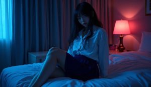 福岡オナクラ「2980円」で出会った清楚系制服美少女がベッドに座り挑発的な視線を向けるシーンのイメージ写真。足舐めMプレイの実体験レポートを表現。