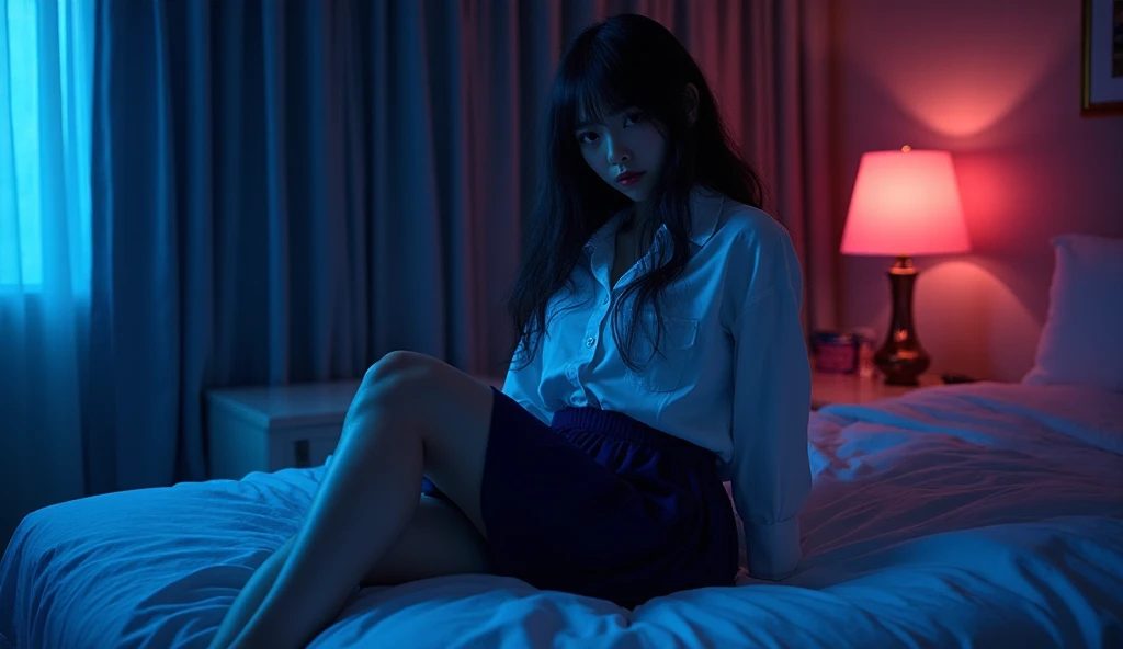 福岡オナクラ「2980円」で出会った清楚系制服美少女がベッドに座り挑発的な視線を向けるシーンのイメージ写真。足舐めMプレイの実体験レポートを表現。