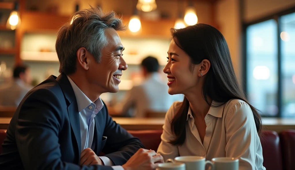 中高年男性が若い女性とカフェで向かい合って笑顔で会話する様子。出会い系で女性心理をつかむ会話テクニックをイメージしたアイキャッチ画像