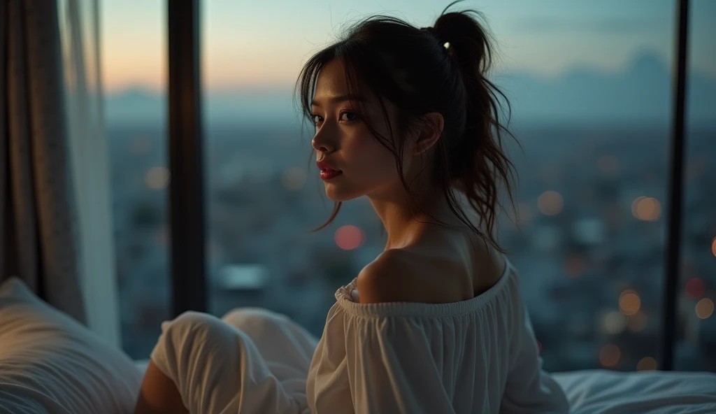 薄暗い寝室のベッドで白シャツを羽織り、こちらを上目遣いで見つめるリアルなラブドールのアイキャッチ画像。人肌のような質感と快感を感じさせる表情。