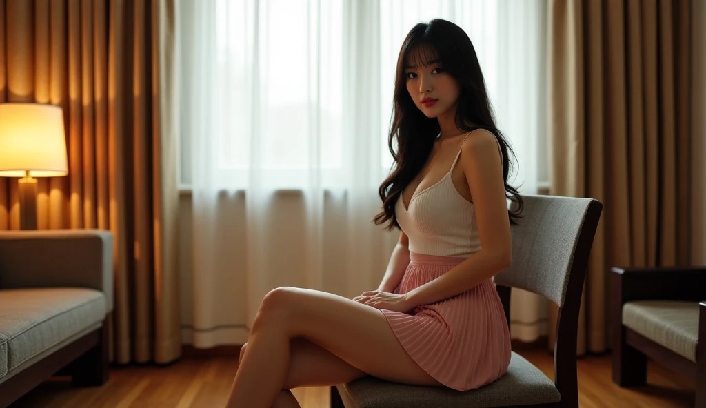 ストリップチャットのライブ配信で日本人女性がミニスカート姿で椅子に座り、パンチラが見えそうな角度で配信している様子