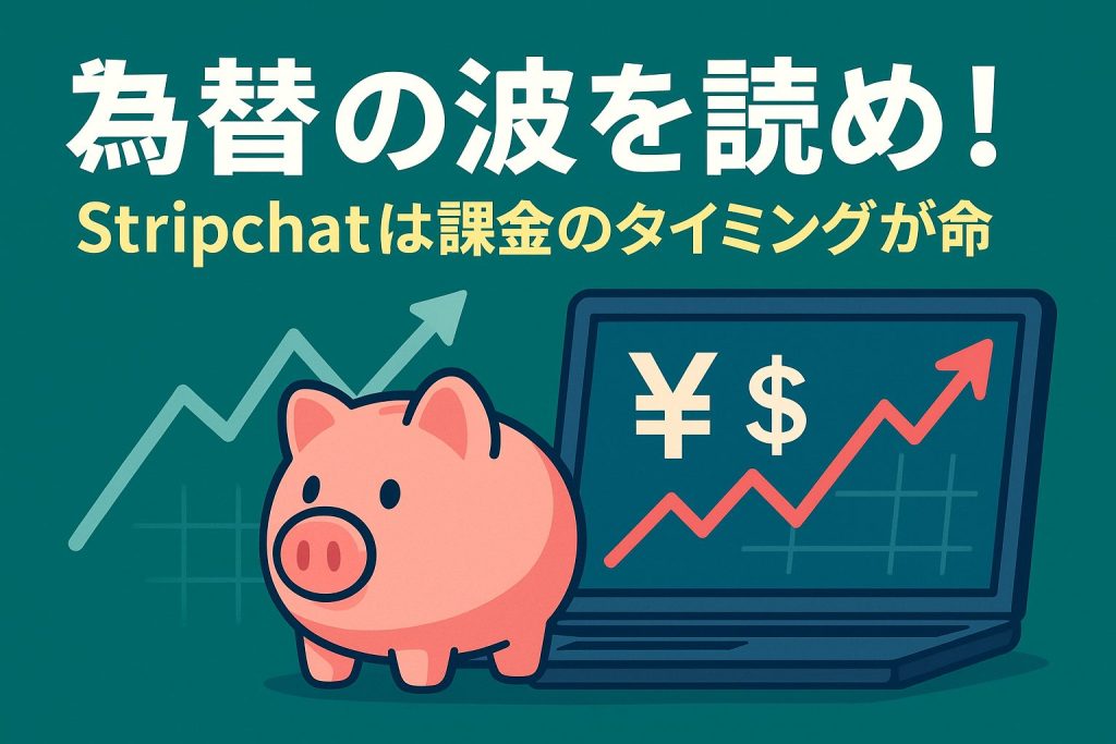 豚の貯金箱と為替グラフを背景に、“為替の波を読め!Stripchatは課金のタイミングが命”と書かれた日本語の節約術バナー画像