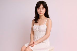 Kanadoll公式ラブドールの2025年最新モデル(白ワンピースの清楚系ドール)が正面に座っている高品質な製品イメージ