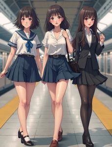 駅のホームでスカート姿の女性たちが歩く、全国パンチラマップ2025のイメージ画像。制服・OL・私服の後ろ姿で“チラリ”を想起させる。