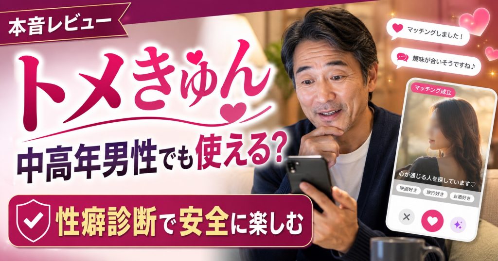 トメきゅんの本音レビューを紹介するアイキャッチ画像。スマホを見る中高年男性とマッチング画面を背景に、中高年男性でも使えるのか、性癖診断で安全に楽しめるマッチングサービスであることを表現している。