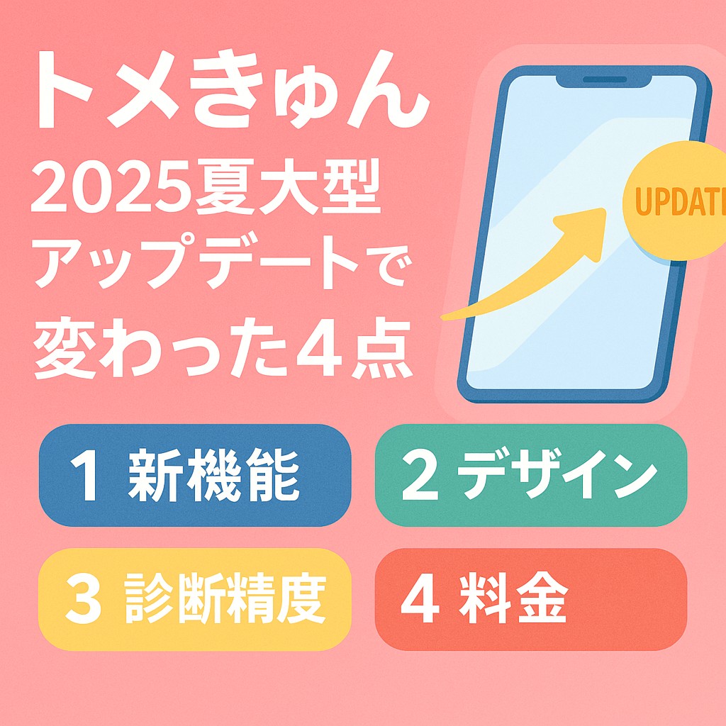 トメきゅんの2025年夏の大型アップデートで追加・改善された4つの機能を紹介する見出し画像。UIリニューアル・性癖タイプ診断の強化・マッチング精度向上など、出会いやすさを強調するプロモーションバナー風デザイン。