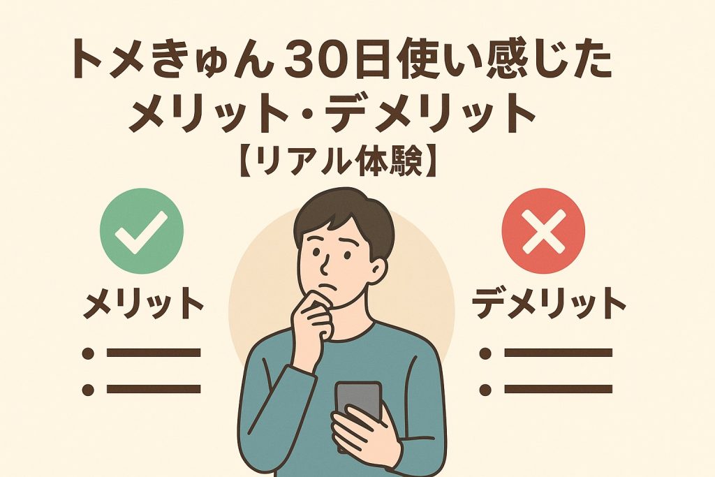 トメきゅんを30日使って感じたリアルなメリット・デメリットを表現した見出し画像。男性がスマホを操作しながら満足と困惑の表情を切り替える構図で、実際の使い心地の良し悪しを視覚的に伝え、レビュー記事の信頼性と共感性を高めている。