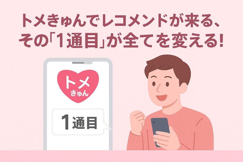 トメきゅんのレコメンド機能によって届く“1通目のメッセージ”が運命を変える瞬間を描いたバナー画像。スマホに通知が届くシーンと驚く男女のイラストで、出会いの始まりを象徴的に表現。