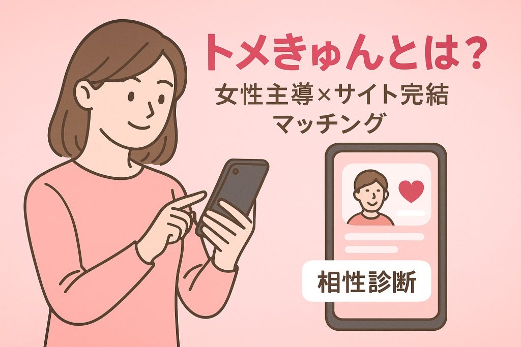 スマホで相手を選ぶ女性のイラストと、チャットUI・診断風の画面が組み合わさった、性癖マッチング型サービス「トメきゅん」を象徴する紹介見出し用アイキャッチ画像。