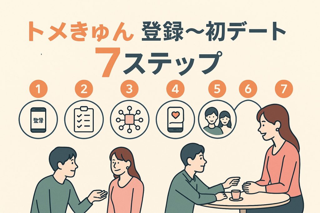 トメきゅんで出会うまでの流れを7ステップに分けて紹介した見出し画像。登録・性癖診断・マッチング・メッセージから初デートまでのプロセスをイラスト付きで解説するフラットデザインのインフォグラフィック。
