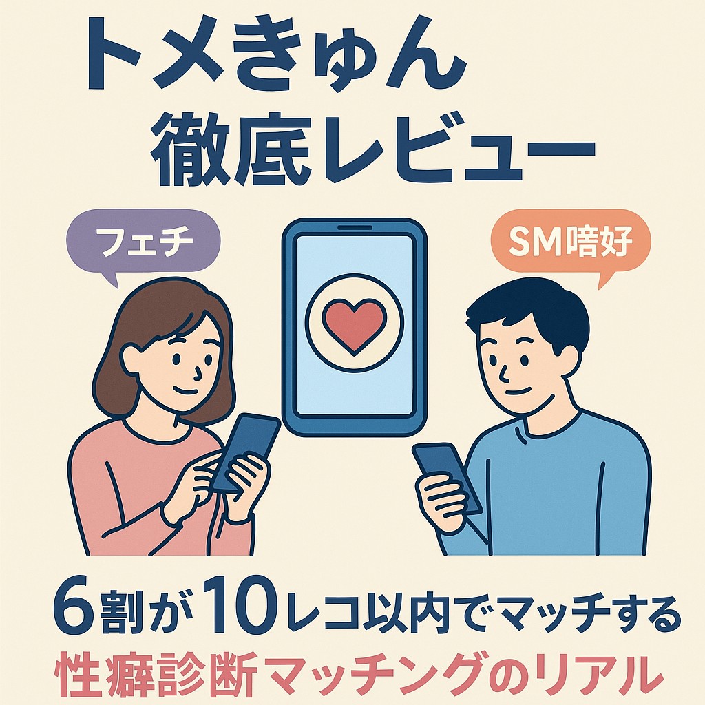 トメきゅんの性癖診断マッチングをテーマにした2025年版レビュー記事のアイキャッチ画像。スマホを操作する男女と「6割が10レコ以内でマッチ」といった特徴を伝えるキャッチコピーが配置されている。