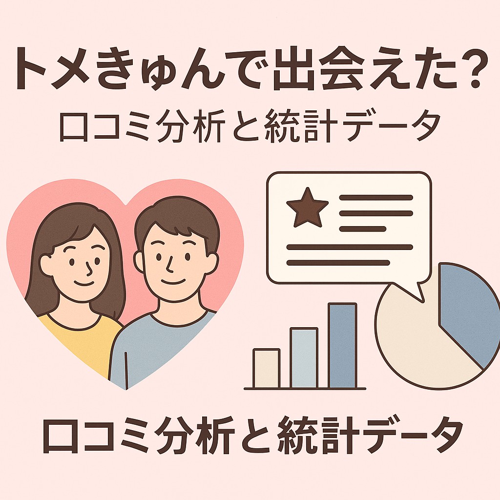 トメきゅんで本当に出会えるのか？という疑問に対して、口コミ分析と統計データを視覚化した見出し画像。グラフやレビューコメント風アイコンを配置し、マッチング成功率や利用者のリアルな反応をわかりやすく表現している。