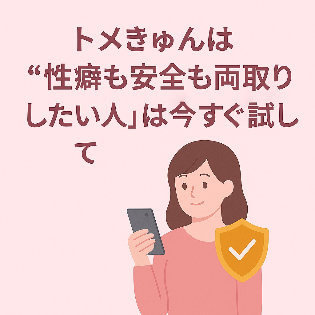 性癖の自由さと安全性の両方を求めるユーザーに向けた、トメきゅんの魅力を強調するバナー画像。スマホを持つ女の柔らかなイラストと「今すぐ試して」のコピーで行動喚起を強化した構成。