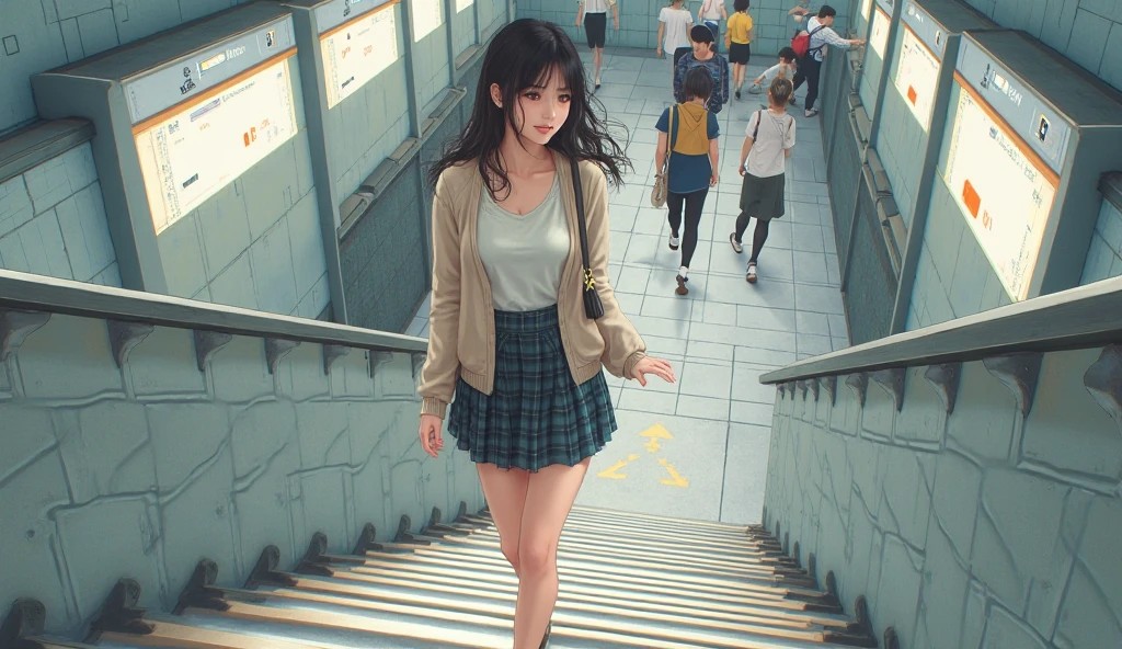 山手線の駅階段を上るミニスカ女子 偶然チラリが生まれる瞬間のイラスト