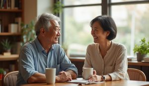 カフェで談笑する50代男女の写真。デジカフェの評判と使い方を解説する中高年向けガイドのアイキャッチです。