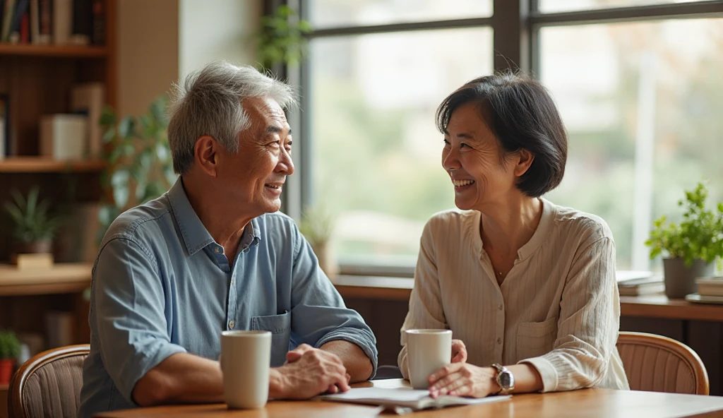 カフェで談笑する50代男女の写真。デジカフェの評判と使い方を解説する中高年向けガイドのアイキャッチです。