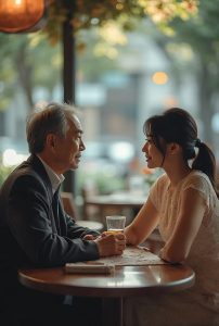 カフェのテーブルで向かい合い穏やかに話す50代の日本人男性と20代女性。落ち着いた大人の出会いを表す、パパ活ガイド記事のアイキャッチ。