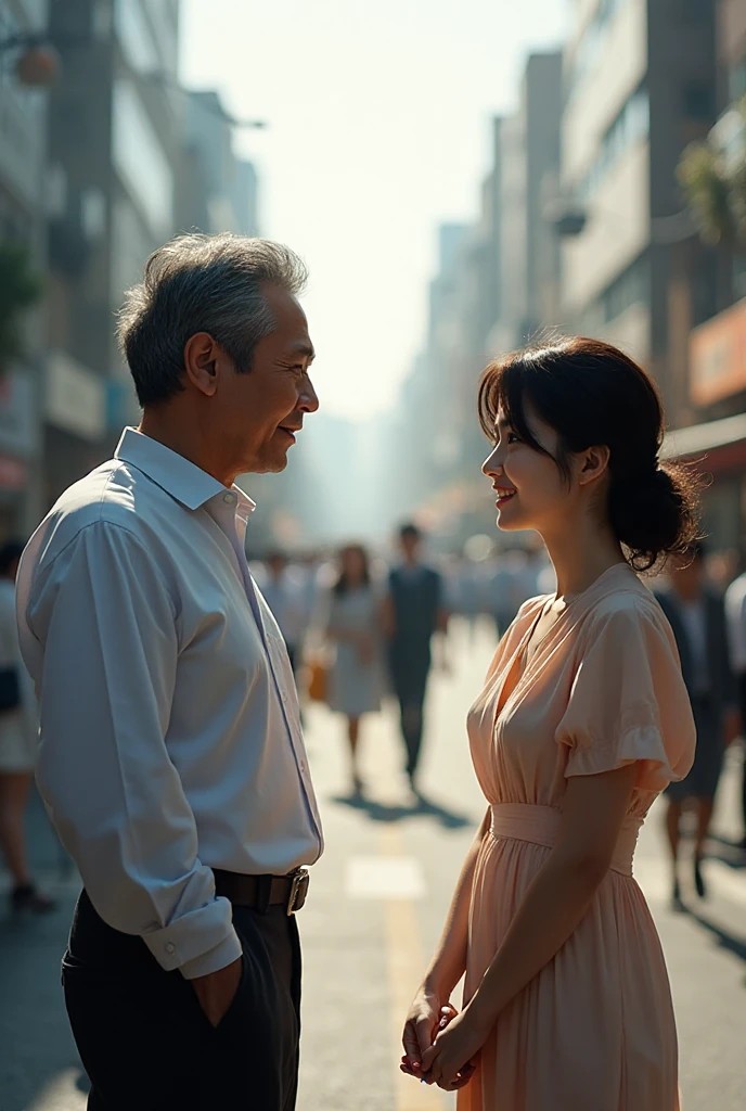 混雑した街の中で向き合い微笑みを交わす50代の日本人男性と20代の女性。中高年向けパパ活が成功し、関係が始まった瞬間を表すアイキャッチ。