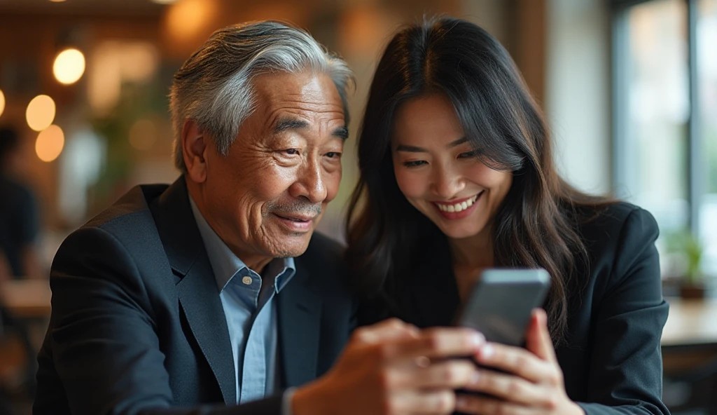 スマートフォンを見ながら嬉しそうに会話する50代の日本人男性と20代の女性。パパ活アプリでマッチング後に親しくなった中高年男性と若い女性の様子。