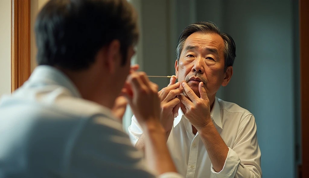 鏡の前で身だしなみを整える50代の日本人男性。非モテ気味の中高年がパパ活デートに向けてヒゲや眉を整えている様子。