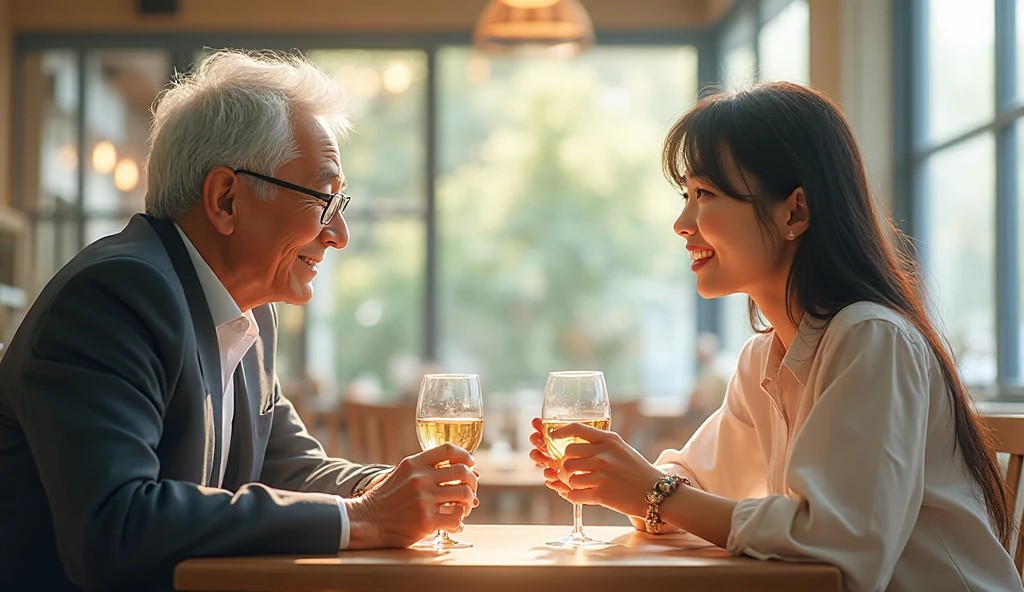 ワイングラスを手に微笑み合う50代の日本人男性と20代の女性。パパ活デートで落ち着いた会話と安らぎの時間を楽しんでいる様子を表現。