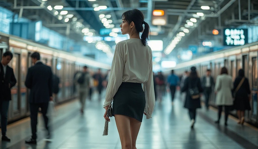 通勤ラッシュの駅ホームでスカート姿の女性。盗撮が多発する電車・駅構内の典型的なシーンをイメージ。