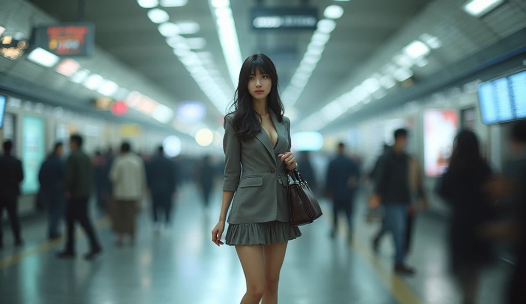 地下駅ホームに立つ女性の後ろ姿です。通勤ラッシュ時の駅・階段・エスカレーターは盗撮が起きやすいスポットで、混雑による接近やスマホによる盗撮が多発しています。