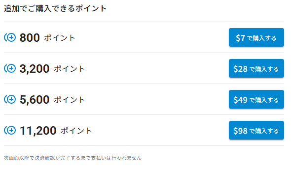 FaceSwitchのポイント購入画面。800pt=7ドル、3,200pt=28ドル、5,600pt=49ドル、11,200pt=98ドルで購入可能。
