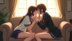 白と黒のセーラー服の美女がソファで見つめ合う、福岡オナクラ2980円の体験イメージ