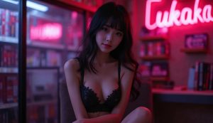 福岡の未知書房を想起させるネオン照明の店内でラブドール風モデルが佇むアイキャッチ。アダルトグッズ、AV女優イベント、とらのあな出張所まで網羅する「未知書房 福岡 完全ガイド」用