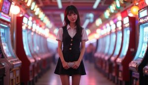 関東のパチンコ店で、スロット台の通路に立つ制服姿の若い女性店員がこちらを見て微笑んでいる様子。パンチラスポットを解説する実録記事のイメージ。