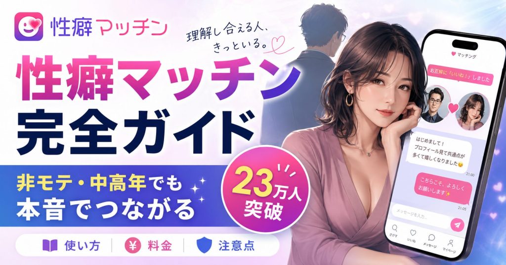性癖マッチン完全ガイドのアイキャッチ画像。非モテ・中高年でも本音でつながり出会える使い方、料金、注意点を解説する記事で、スマホのマッチング画面と23万人突破のバッジが表示されている。