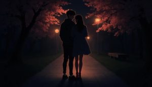 京都・円山公園の夜道で密着する露出カップルと、薄暗い街灯に照らされた桜とベンチのエロい雰囲気