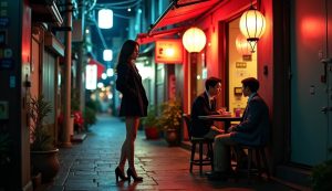 夜の大久保公園北東エリアの路地で、居酒屋前に立ち男を静かに見定める立ちんぼ女性と、テーブルで話す中年男性たちの様子