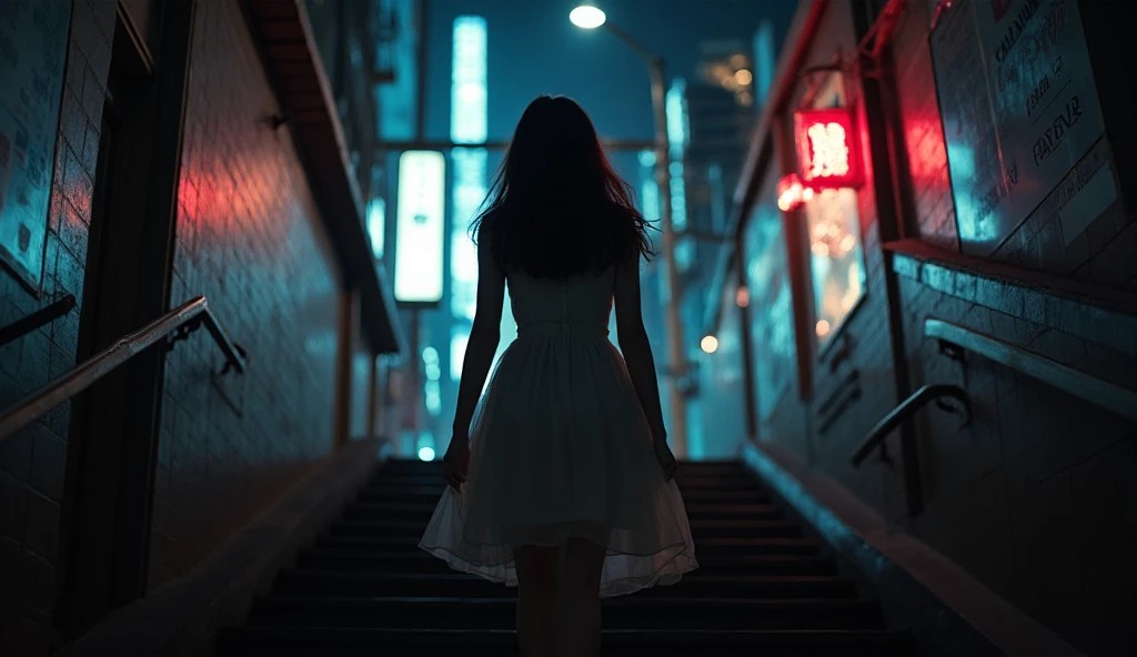 夜の繁華街の階段を上るワンピース姿の女性の後ろ姿。裾がふわりと揺れる“パンチラが見えそうで見えない”瞬間を切り取り、パンチラの魅力や見える条件・視線フェチ文化・安全な楽しみ方を解説する記事のアイキャッチ画像。