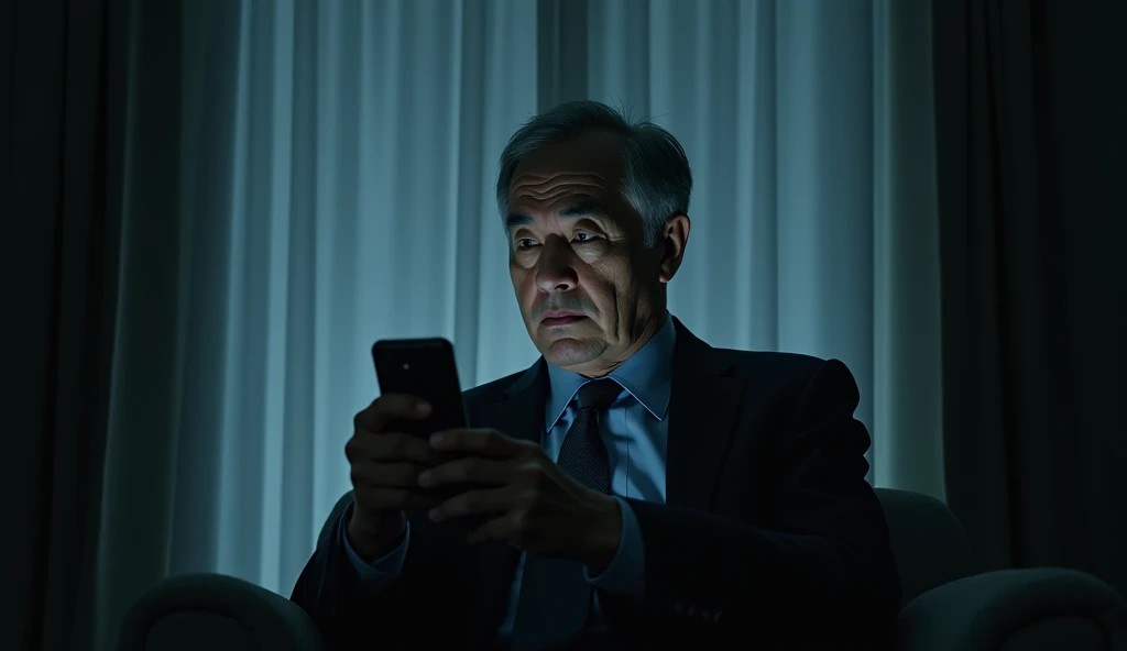 夜の部屋でスマートフォンを見つめ、不安そうな表情を浮かべる中高年男性。不同意性交罪や美人局トラブルに巻き込まれるリスクを想起させるイメージ。