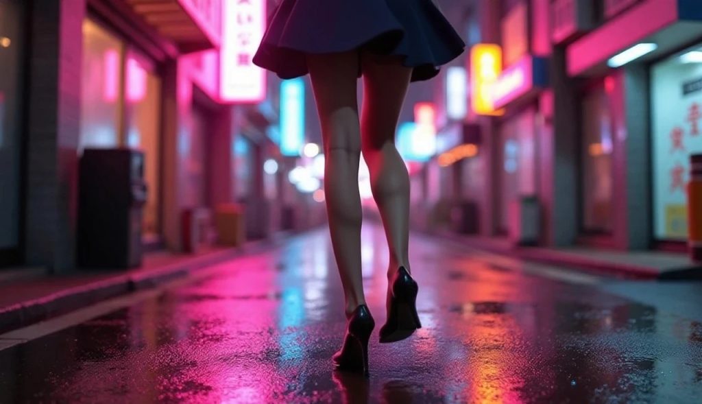 ネオンが反射する夜の路地で、スカート姿の女性の脚が印象的に映る飛田新地のパンチラスポットの雰囲気