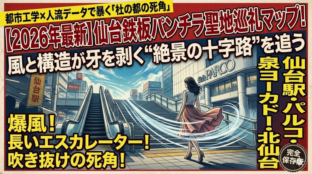 仙台駅の長いエスカレーターと仙台パルコ前で風に舞うスカートをイメージした2026年最新の仙台パンチラスポット解説用アイキャッチ画像。都市工学と人流データに基づいた聖地巡礼マップの文字入り。