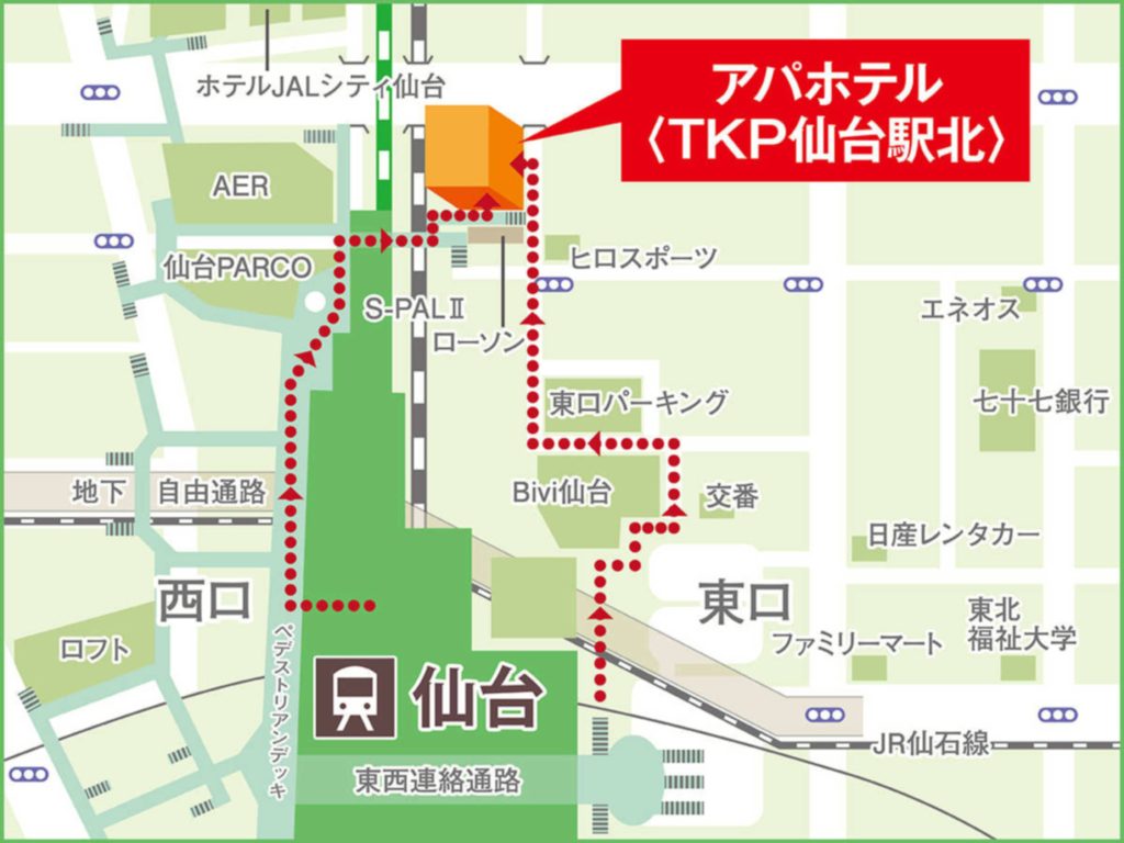 仙台駅西口のロフトとパルコを繋ぐ広大なペデストリアンデッキ。ビル風が吹き抜けやすい構造。