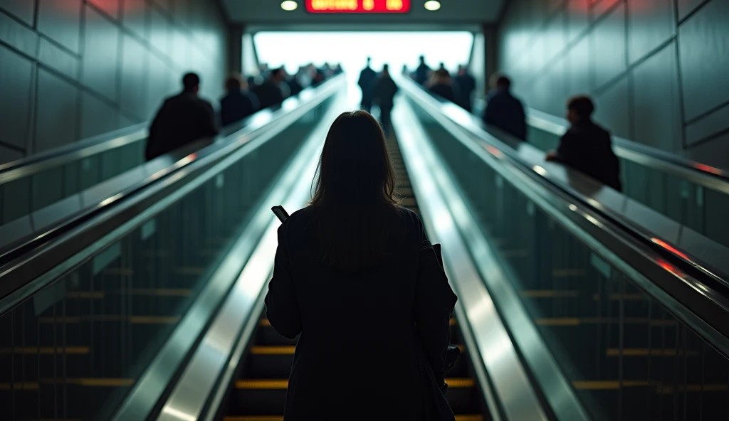 駅構内の長いエスカレーターを上る通勤客の後ろ姿。混雑する導線と死角による盗撮リスクをイメージしたビジュアル