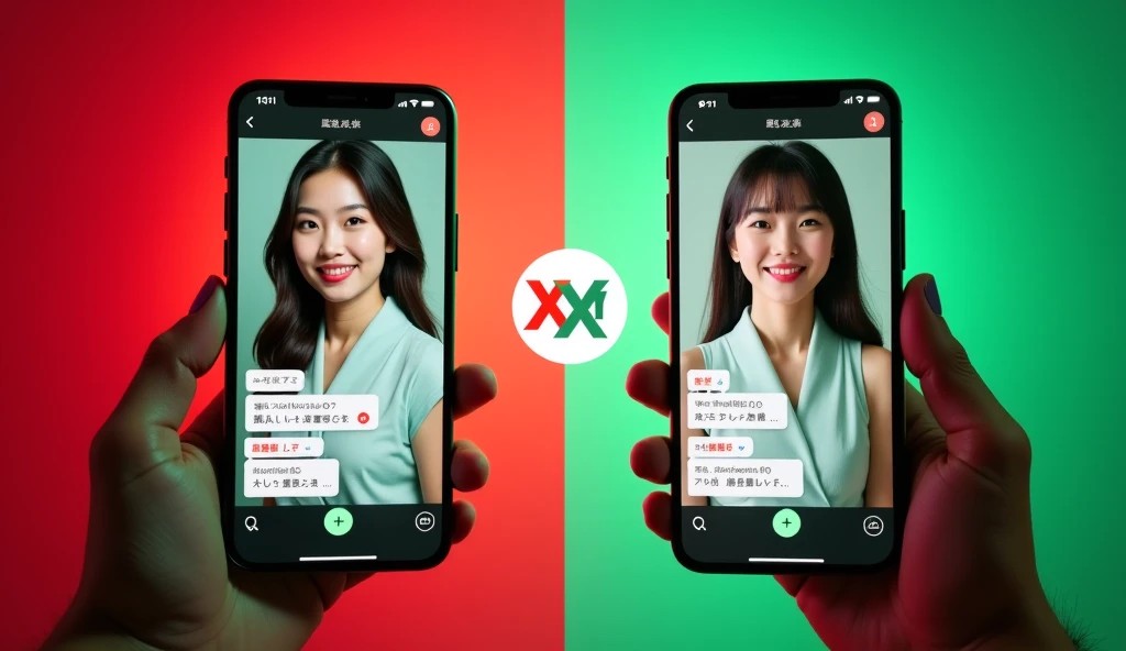 PCMAXの掲示板における業者の長文テンプレートと、本物の素人が送る短文メッセージの比較画像。赤と緑の背景で視覚的に判別ポイントを示している。