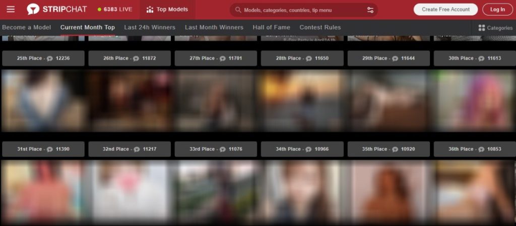 Stripchat（ストリップチャット）で配信中の人気モデルランキング一覧画面。多種多様なキャストの中から好みの女の子を選んでチャットを楽しめる。