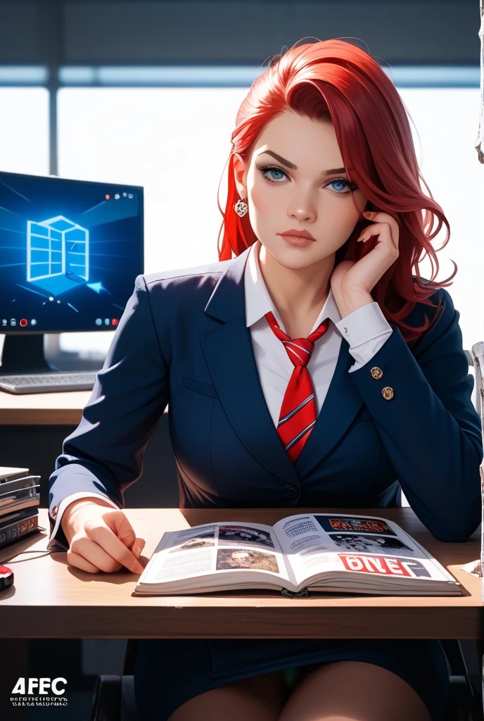 MissAVの危険性や違法性、VPNの限界を解説する記事用のビジネス風アイキャッチ画像。赤髪の女性とノートPCが描かれている